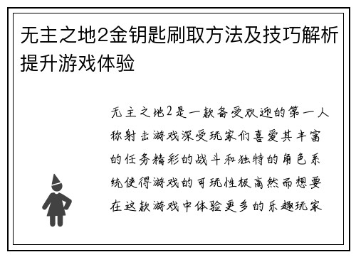 无主之地2金钥匙刷取方法及技巧解析提升游戏体验